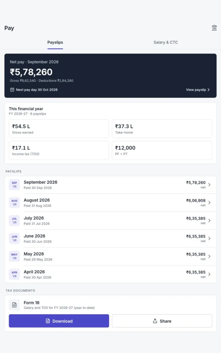 Mobile pay screen with the latest net pay, year-to-date earnings, tax and PF, monthly payslips and Form 16 download.