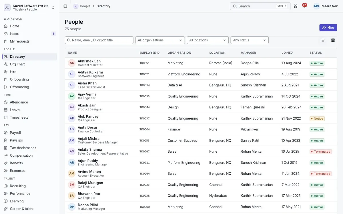 The people directory: a searchable list of employees with ID, organisation, location, manager, joining date and status.