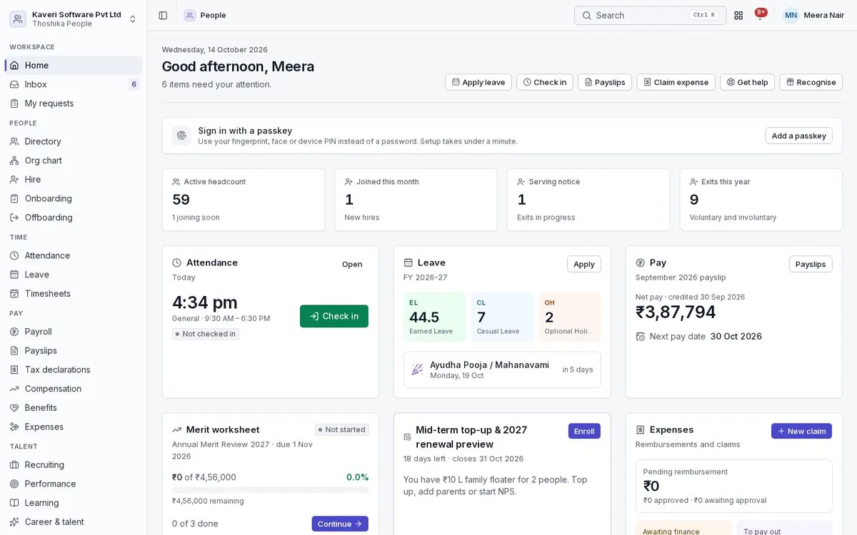 People home for an HR administrator: headcount, joiners and exits, attendance check-in, leave balances and the latest payslip.