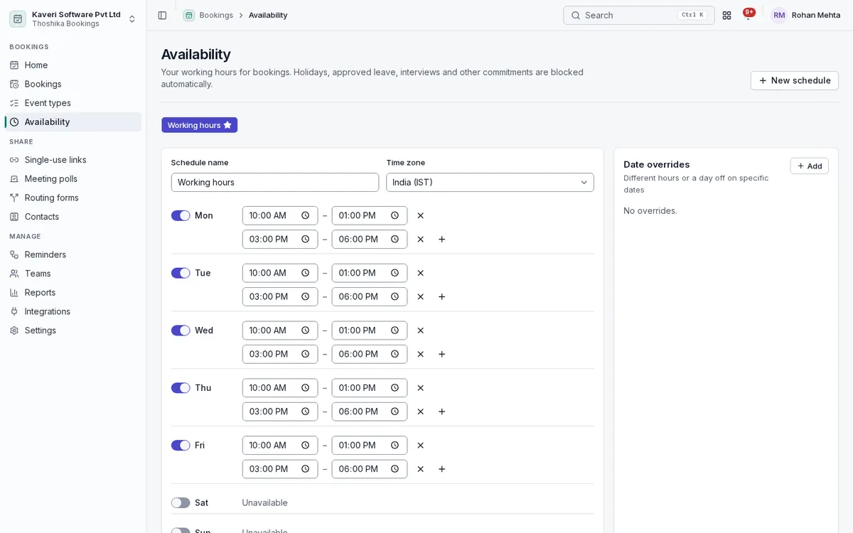 Availability editor with weekly working hours in two blocks a day, a time zone and date overrides