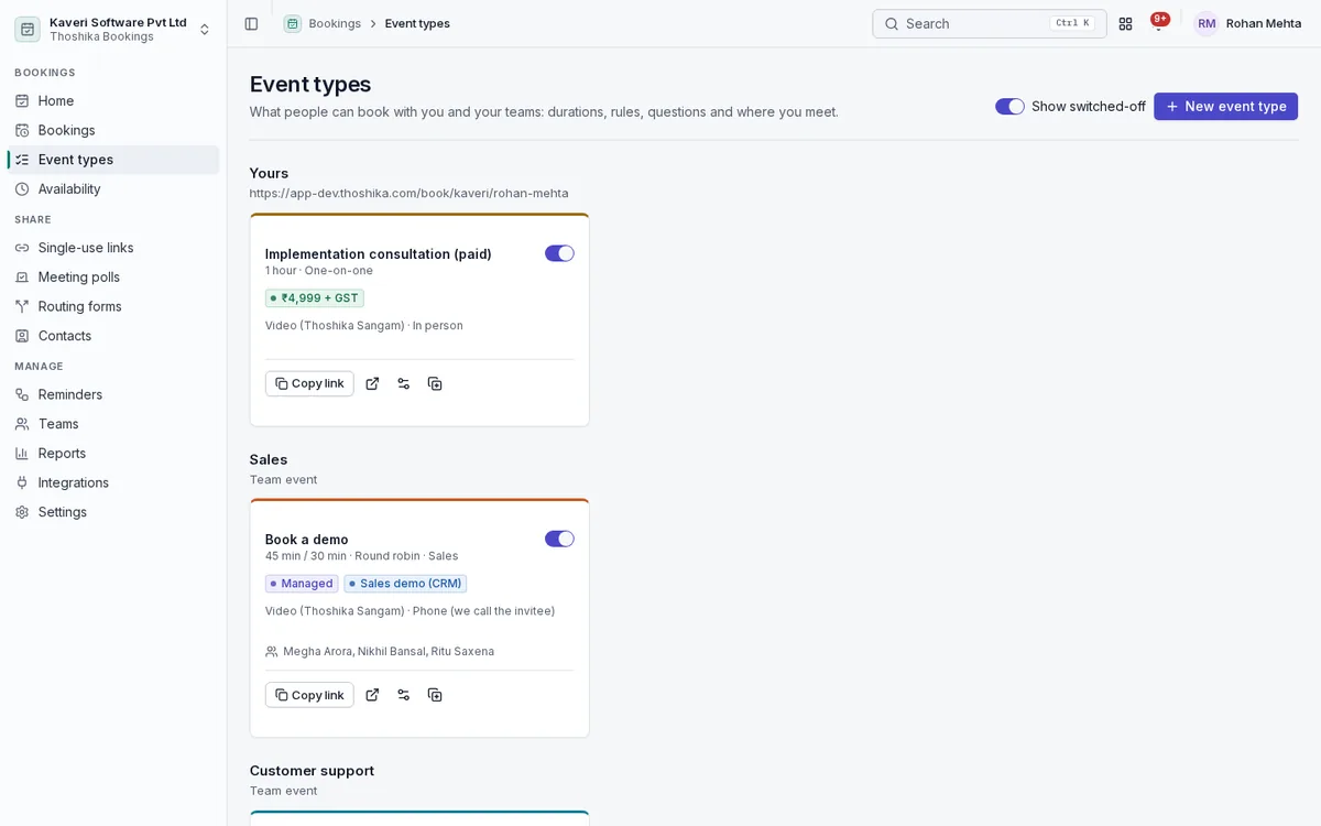 Event types grouped by host and team, with duration, round-robin or one-on-one kind, price and location