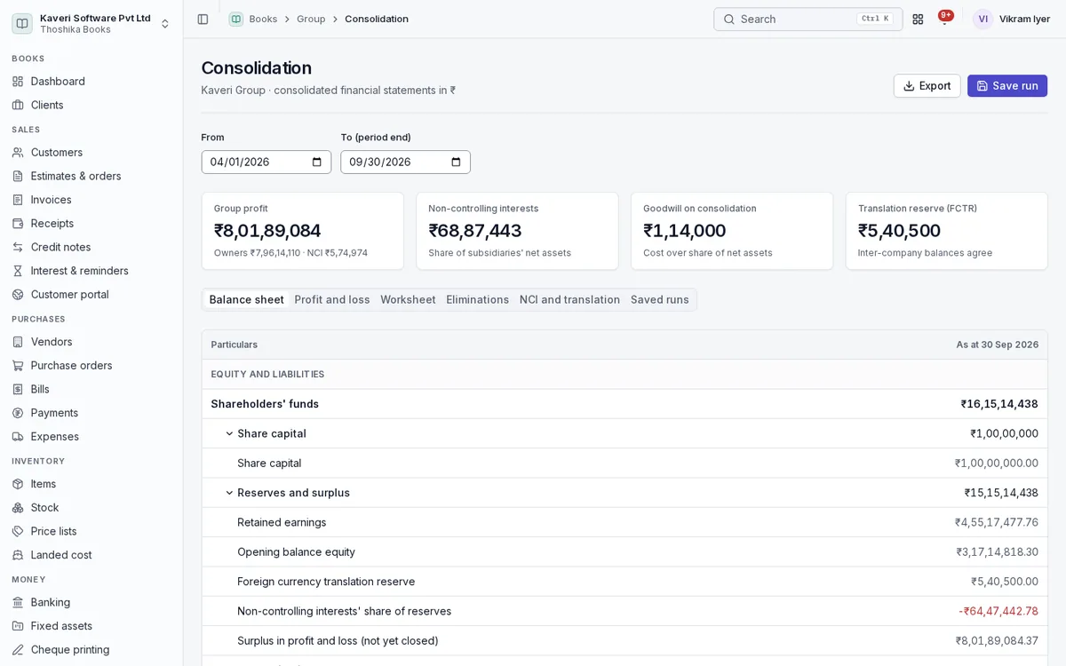 Group consolidation with group profit, non-controlling interests, goodwill and a consolidated balance sheet.