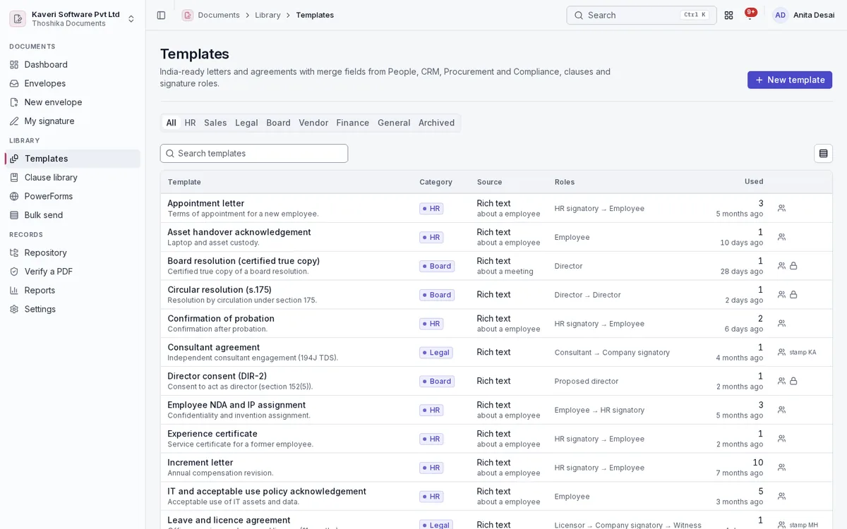 Template library with HR, board, legal and vendor templates, their signing roles and usage.