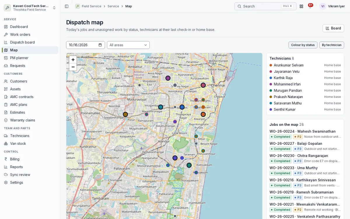 Dispatch map showing the day’s jobs and technicians across Chennai, with a list of jobs and their status