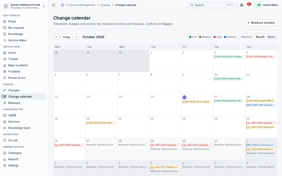 Change calendar for the month with changes coloured by risk, a release and blackout windows