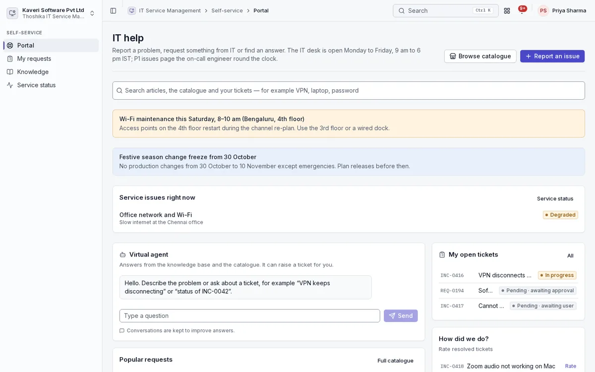 Employee IT portal with announcements, current service issues, a virtual agent, popular requests and open tickets