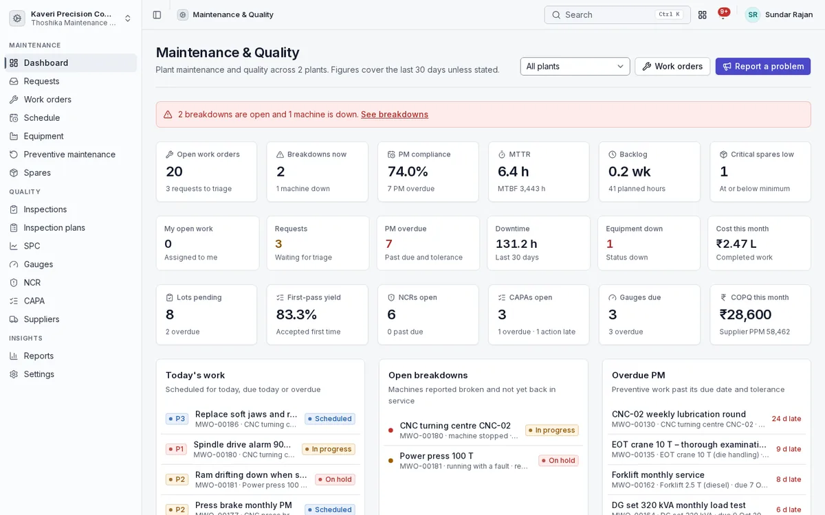 Maintenance and Quality dashboard: open work orders, breakdowns, PM compliance, MTTR, inspection lots, first-pass yield and NCRs.
