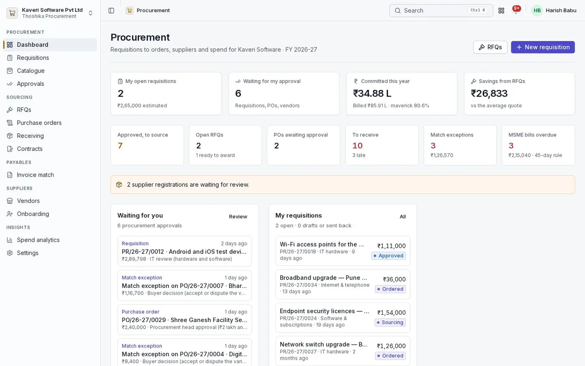 Procurement dashboard: open requisitions, approvals waiting, committed spend, match exceptions and MSME payments due.