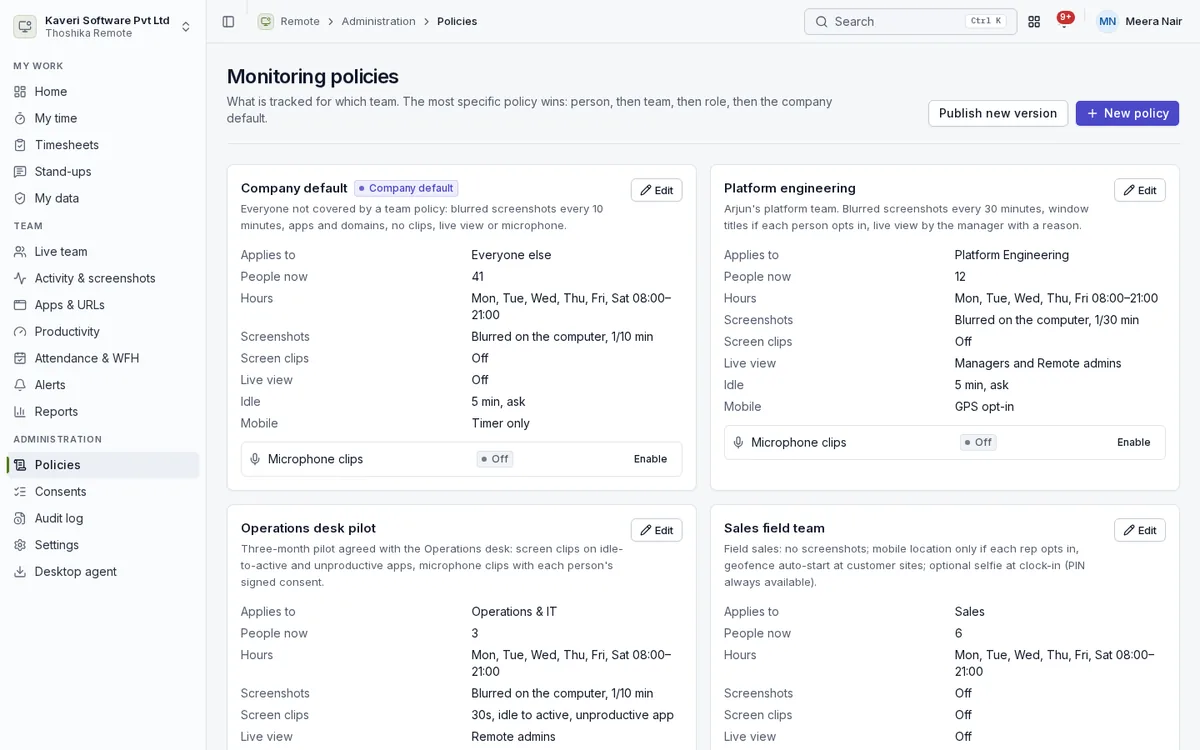 Monitoring policies per team with hours, screenshot mode, screen clips, live view, idle rules and microphone setting