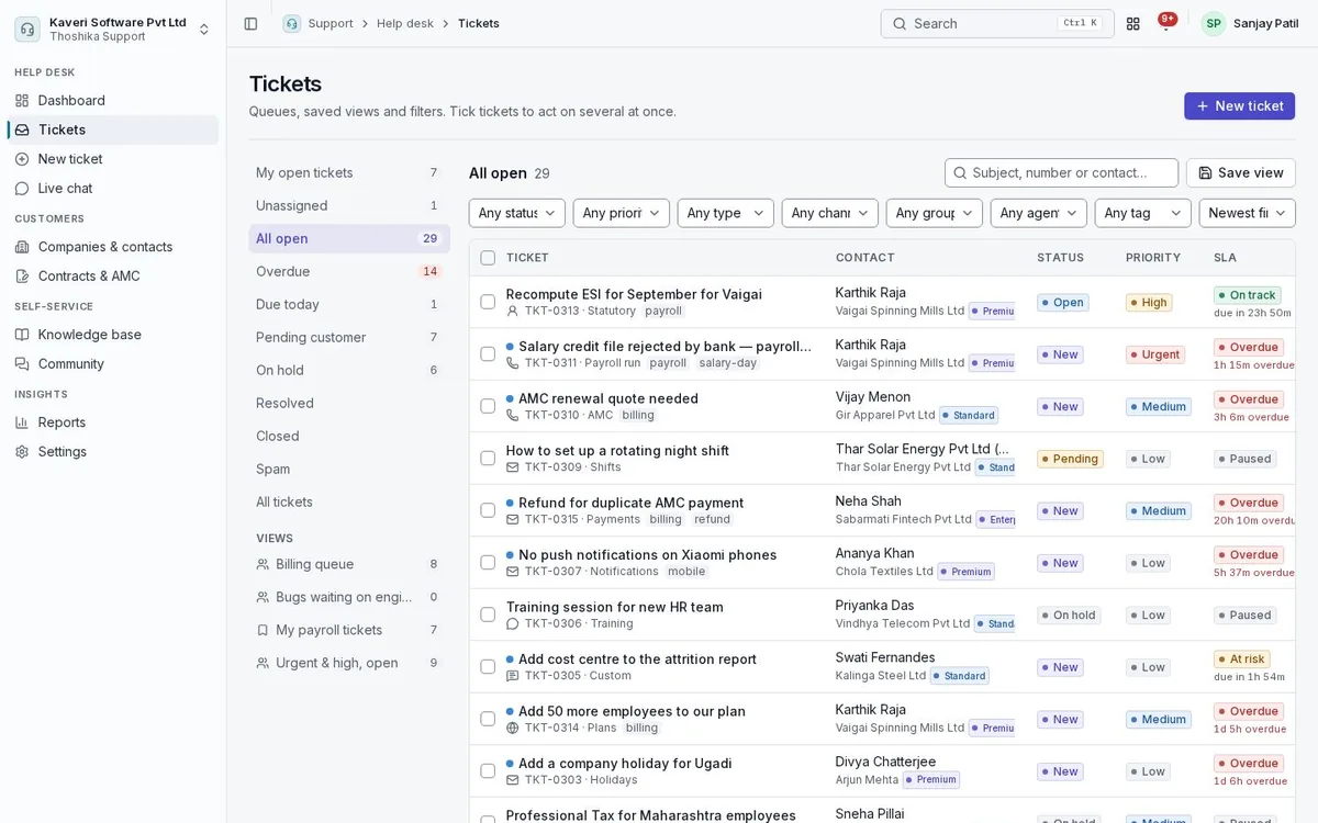Support tickets list with saved views, contacts, status, priority and SLA timers.