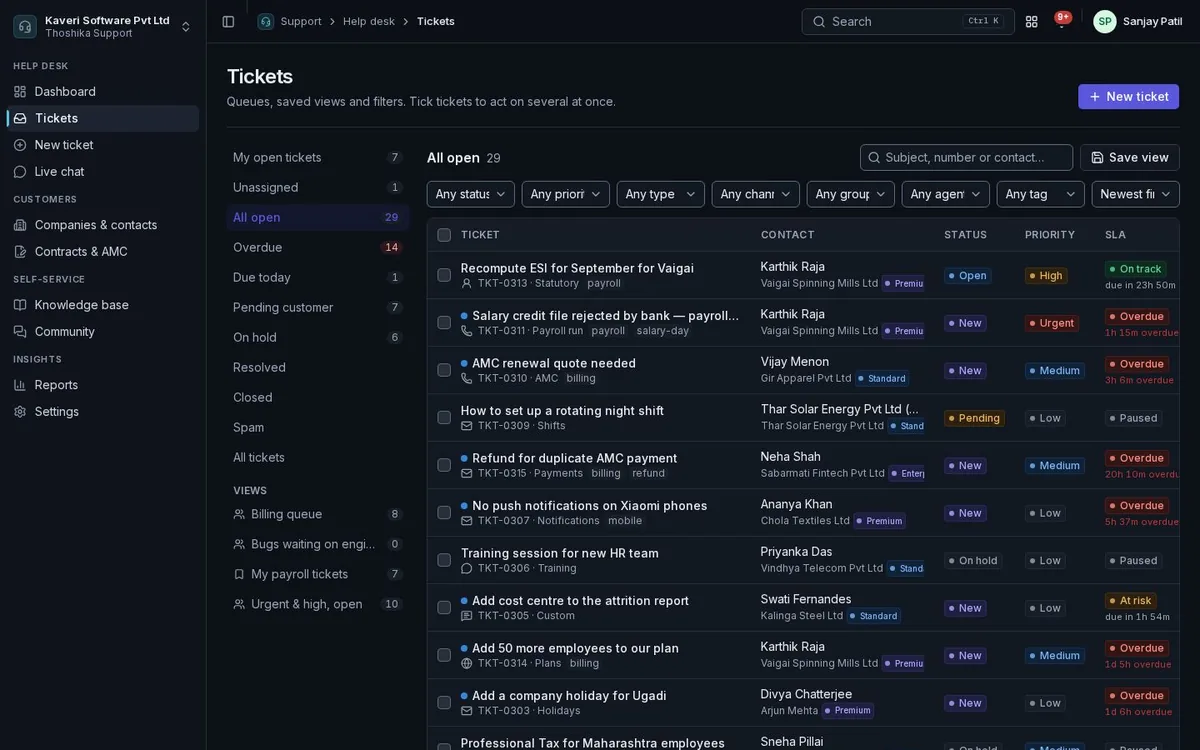 Support tickets list with saved views, contacts, status, priority and SLA timers.