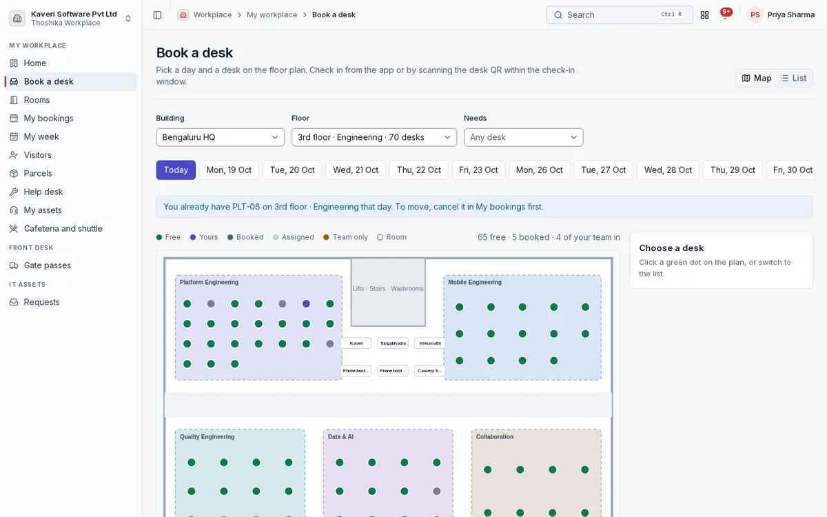 Desk booking map for one floor with free, booked, assigned and teammates’ desks by zone.
